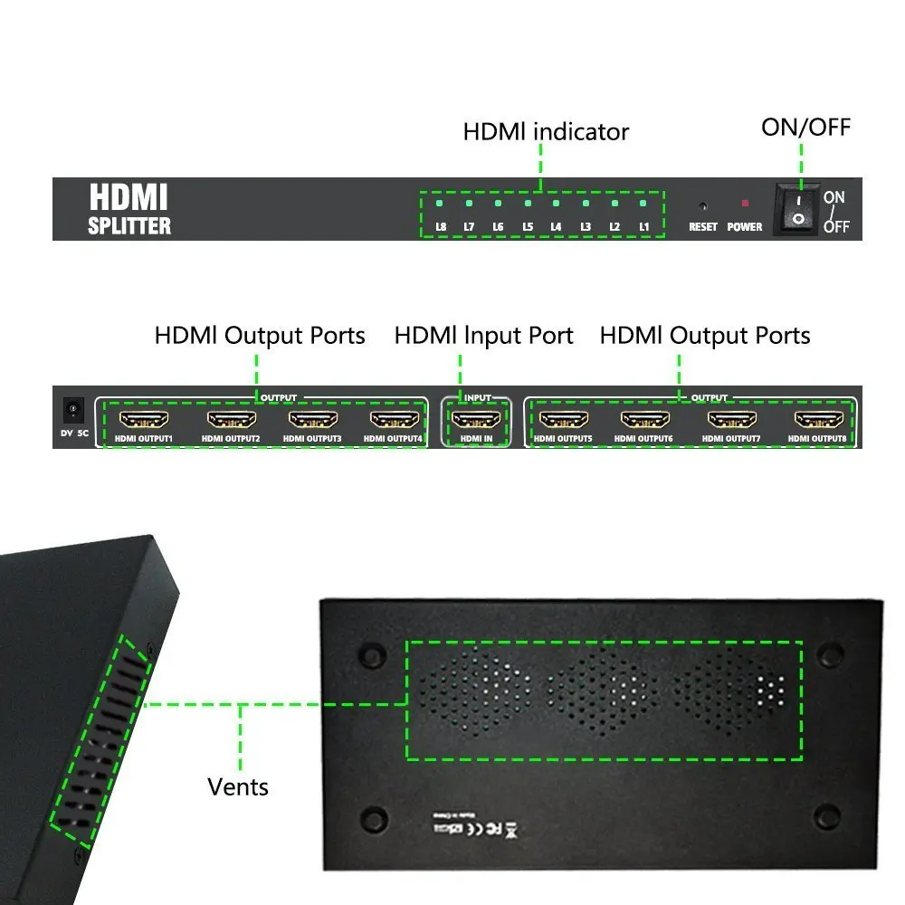 1x8 HDMI совместимый разветвитель One In Eight Out HD усилитель аудио видео Поддержка Full 3D