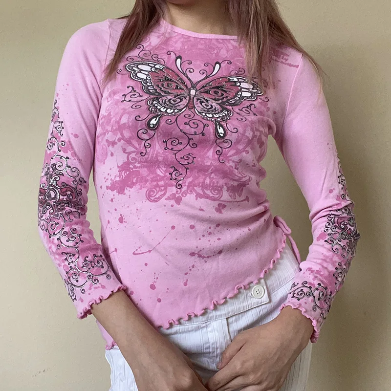 

Butterfly Floral Crop Top Pink Long Sleeve T Shirt O Neck Shirring T Shirt Women Harajuku Pullovers Tees Sweet