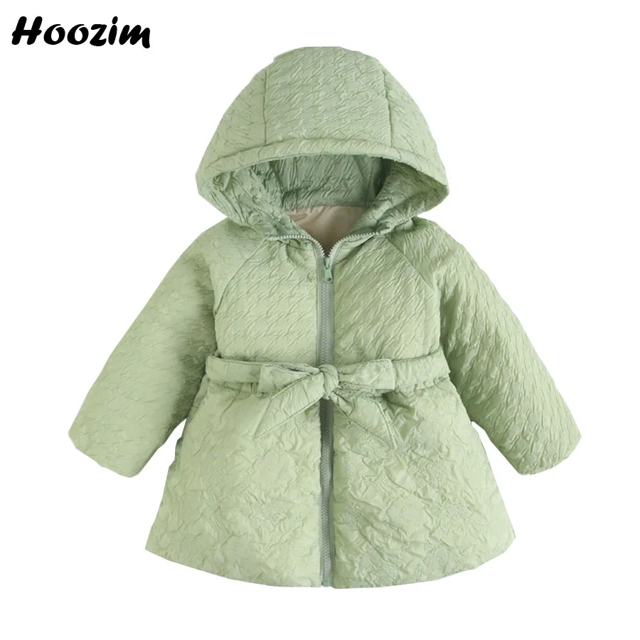 

Winter White Duck Down Jacket For Girls 2 To 8 Years Princess Green Minimalist Ruched Outerwear kids Belt Waist Long Coat Child