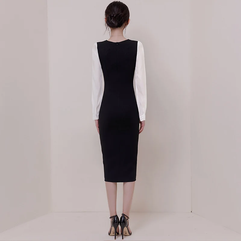 Женское винтажное облегающее платье в морском стиле черное с v-образным вырезом