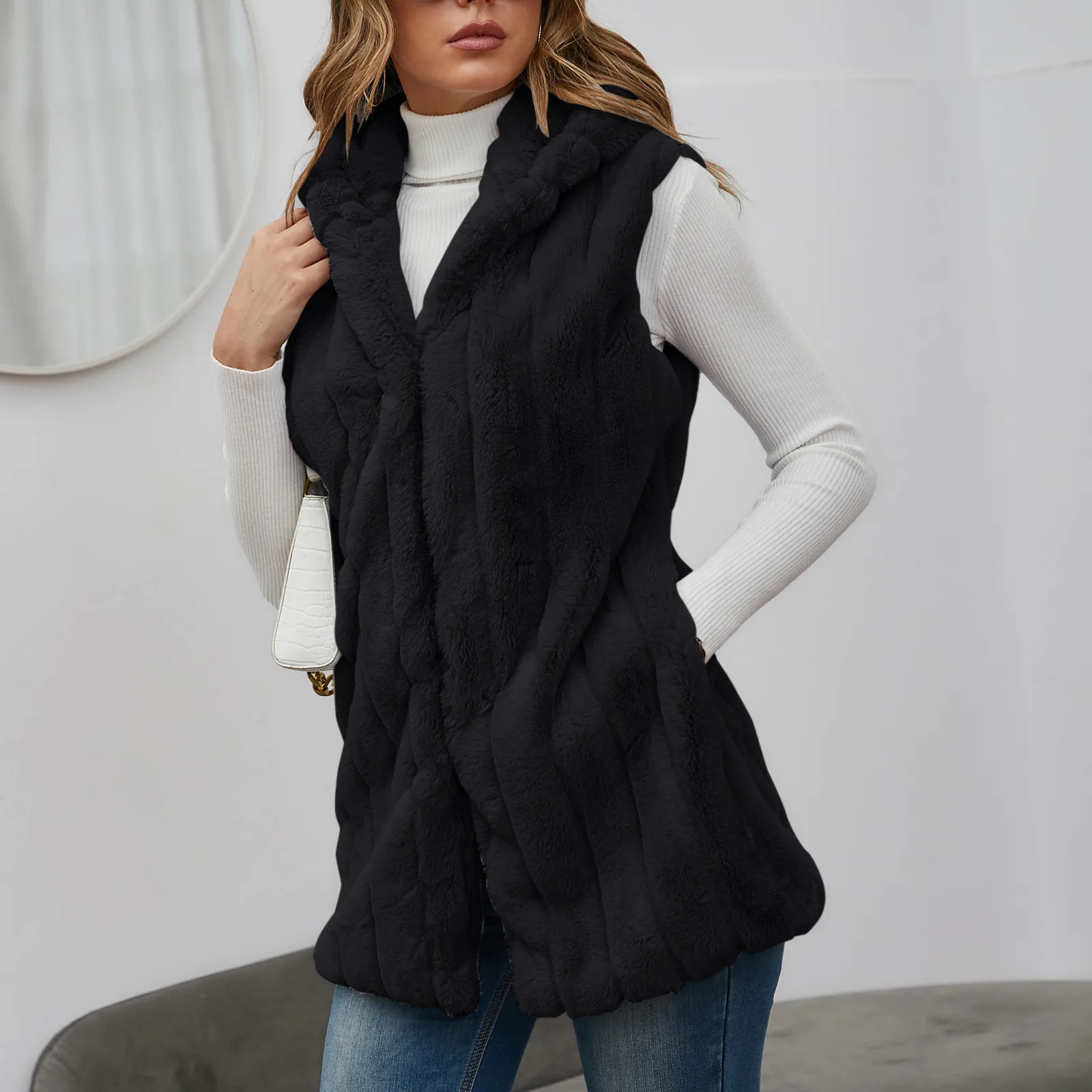 Женская теплая куртка с капюшоном без рукавов пальто верхняя одежда зимний