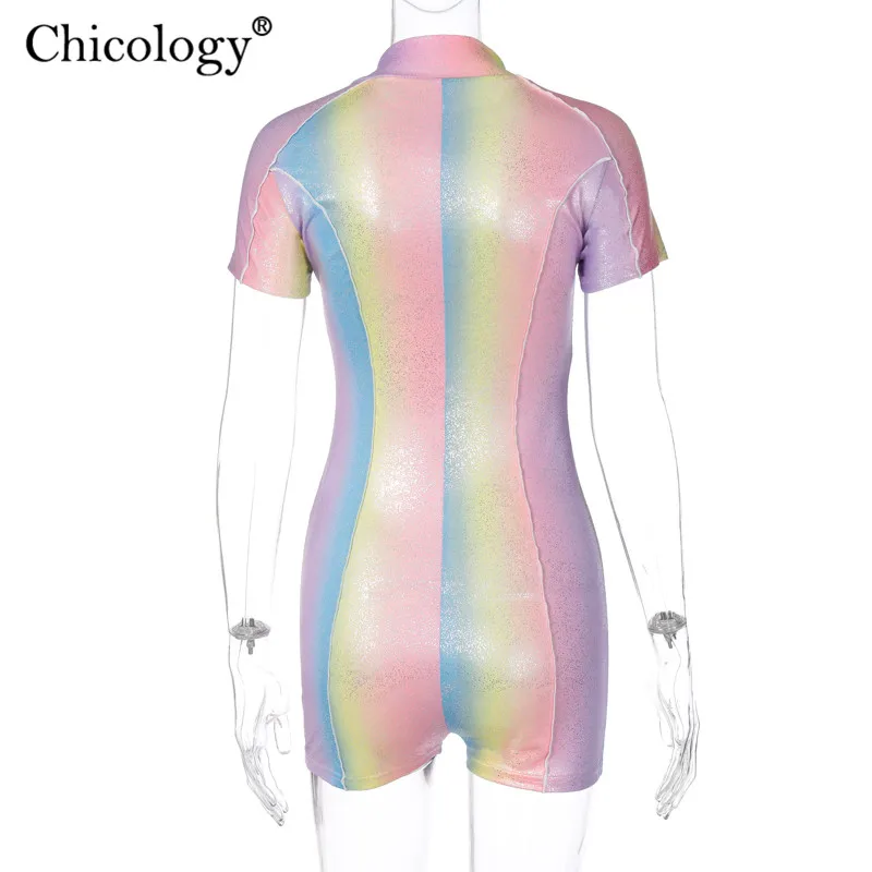 

Chicology rainbow shin glitter zipper playsuit sexy bodycon streetwear women 2020 summer short clothes fashion colorful romper
