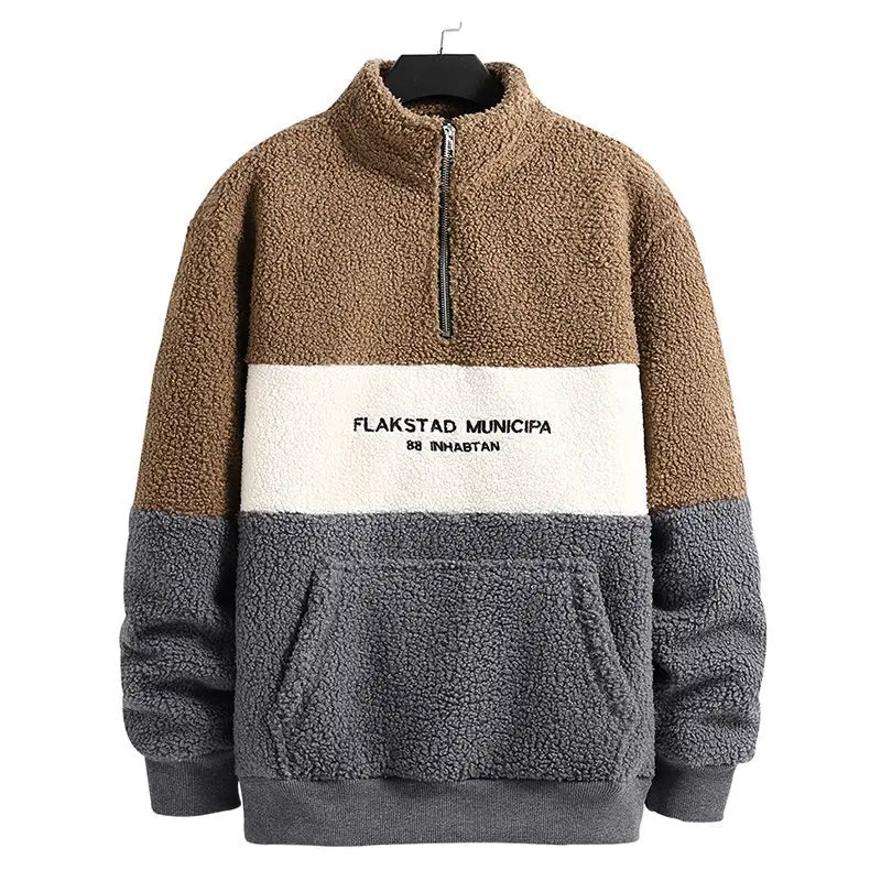 

Lamb Wool Sweater Men's Stand-up Collar Autumn And Winter Plus Velvet Thickening Youth Warm Zipper Couple Wear Winter Student Ja