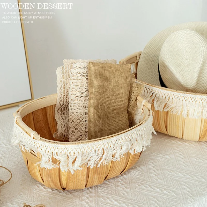 Wood Rattan Weaving Basket Beige Tassels Storage Frame Nordic Style Tableware Soft Furnishings Home Decoration | Дом и сад