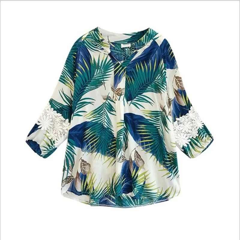 

Womens Tops and Blouses New Fashion Cutout Lace Stitching Printed Shirt Women Loose Top Korean-Style Shirt