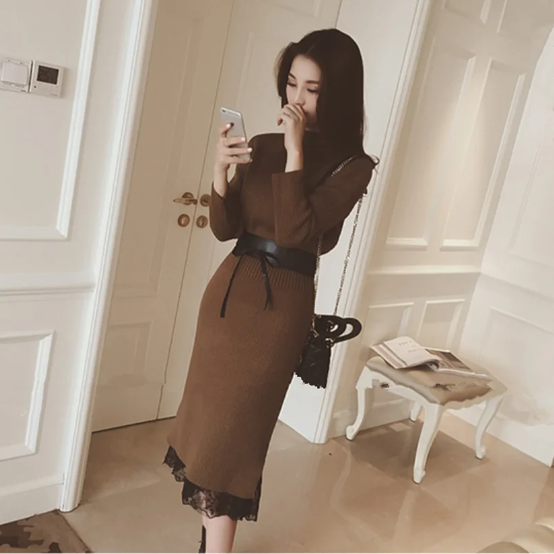 

Ladies Dresses 2021 Fashion Knitting Hot Sale Solid Sweater Dress New Style Elegant Slim Waist Long Sleeve Dress WLL0304