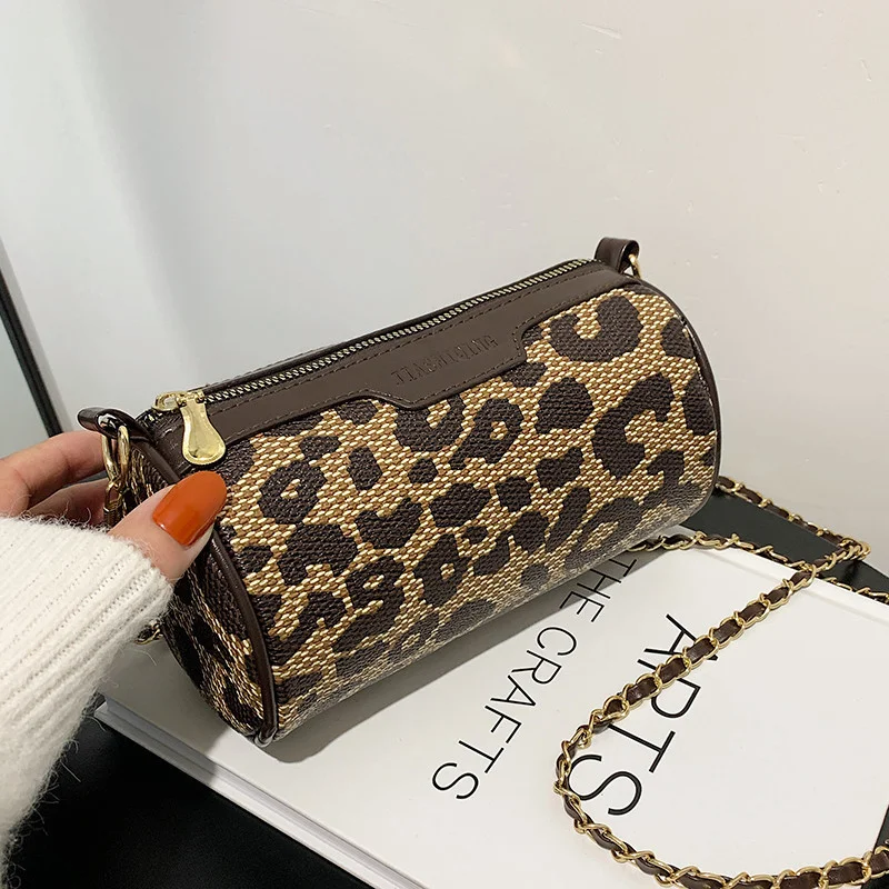 Women Leopard Print Cylindrical Shoulder Bag Retro Trendy Mini Crossbody Bag Personalized Fashion Ladies Leather Luxury Handbag