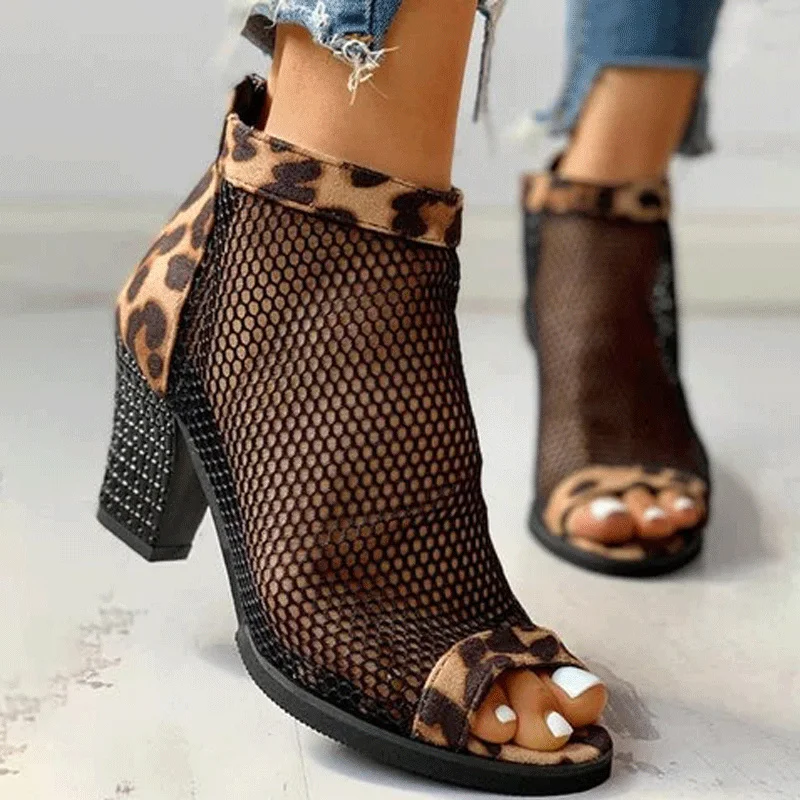 

Ladies' Summer Leopard Print Boots Ladies Fish Mouth Mesh Black Ankle Strap Sandals Hollow Open Toe Thick Heel Sandals For Women