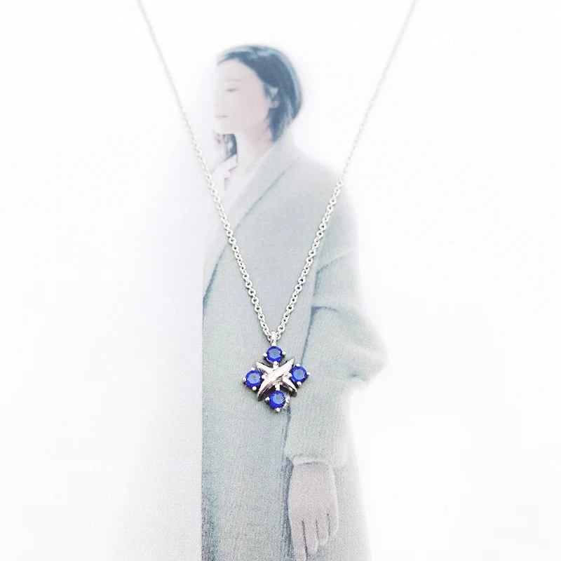 

Hot Fashion S925 Sterling Silver Four Zircon Intersect Necklace,Women Original Logo 1:1 High Quality Jewelryï¼ŒValentine Gift