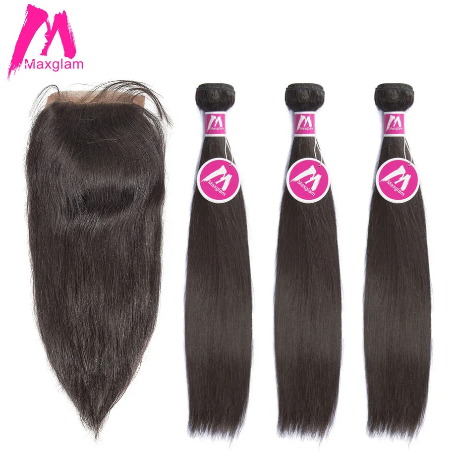 Maxglam 3 человеческие волосы пучки с шелковой основой закрытие бразильские прямые