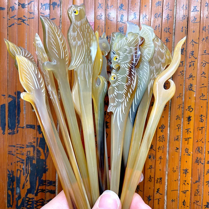 Китайские винтажные шпильки для волос с натуральными рожками женские милые