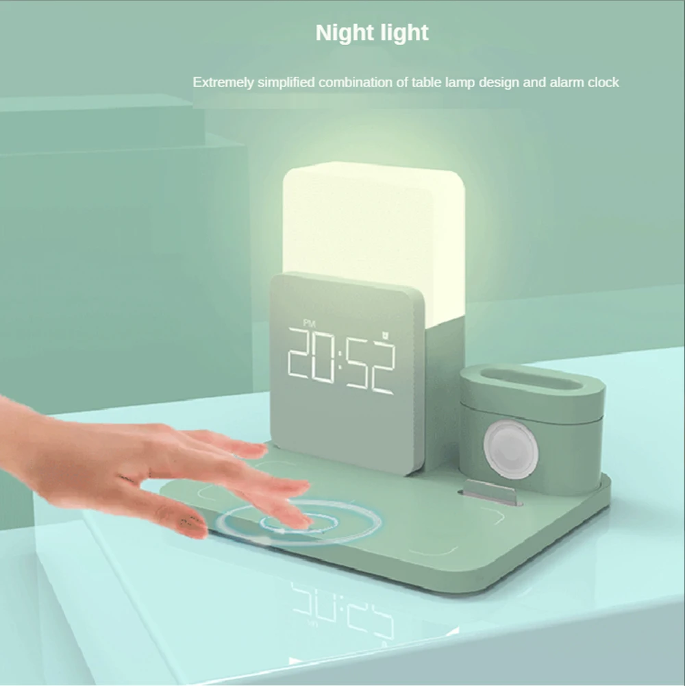 multi function qi wireless charger stand for apple watch airpods pro iphone 12 table lamp time alarm clock fast charger station free global shipping