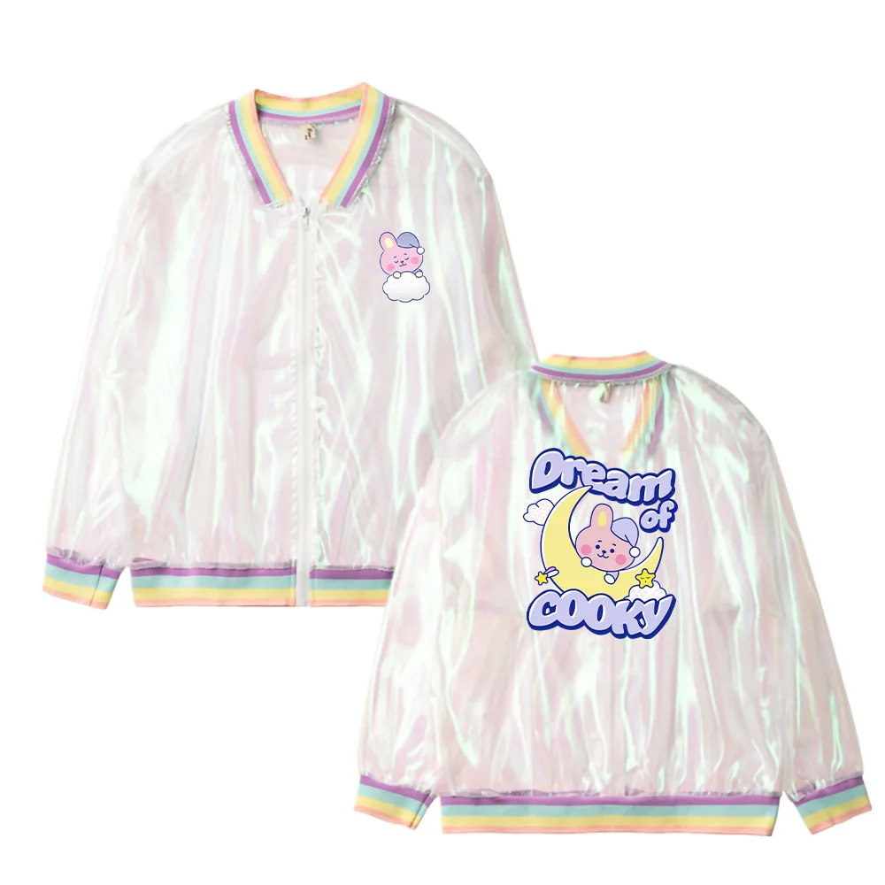 

BT21 Printed Fashion Coat Rainbow Bomber Women Clear Iridescent Symphony Hologram Casual Sunproof High Quality