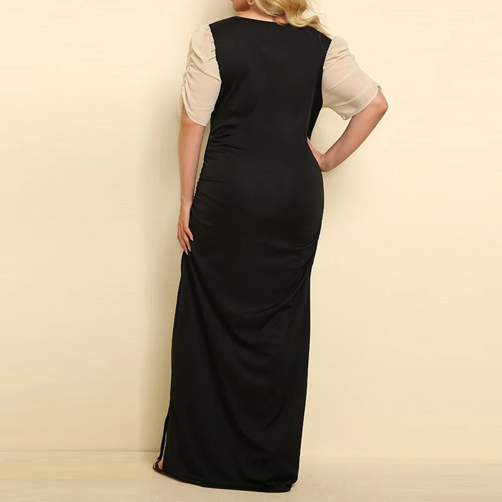 

Western Style Fashion Oversize Women's Dress African Loose Casual Simple Designer Net Yarn Splicing Split Fork Square Collar