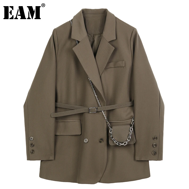 

[EAM] Women Brown Pocket Big Size Blazer New Lapel Long Sleeve Loose Fit Jacket Fashion Tide Spring Autumn 2021 1DB850