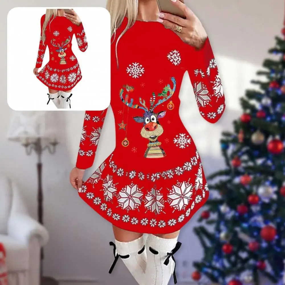 

Короткое красивое рождественское платье с принтом снежинок, мини-платье с круглым вырезом, приятное для кожи для подарка