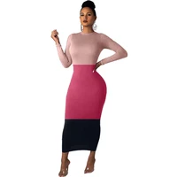 color block sexy bodycon maxi dress women fall 2020 long sleeve slim stretch elegant tight fitted dresses party night club dress