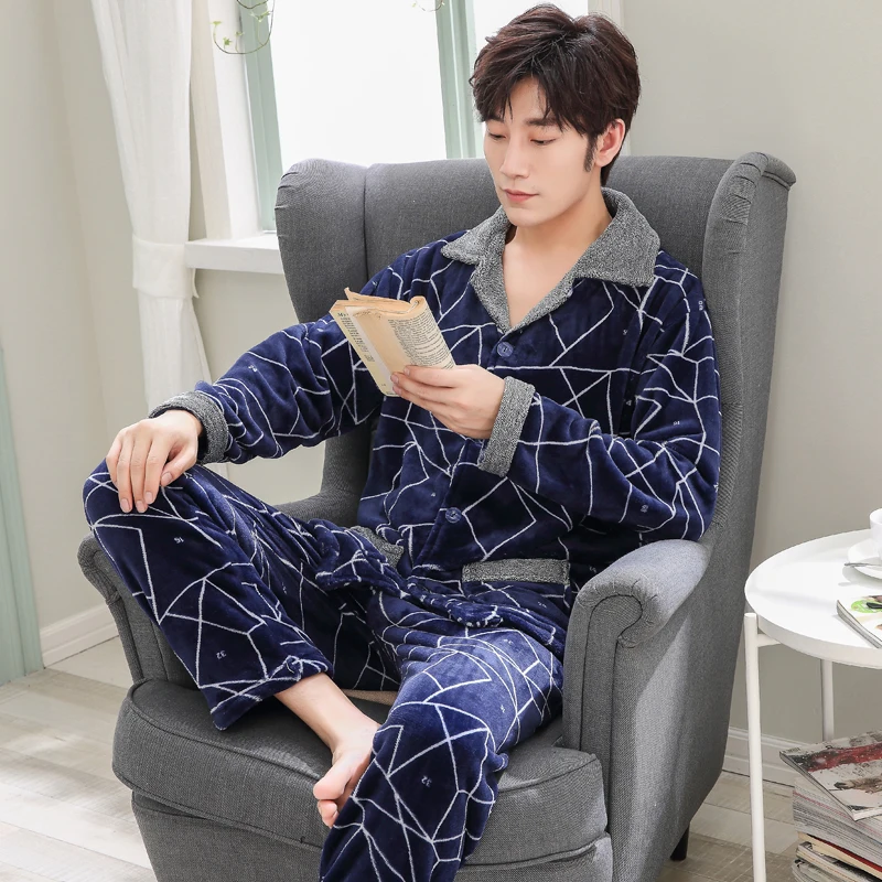 

OverSzie 4XL 5XL Men Pajama Set Winter Warm Flannel Men Sleepwear Long Sleeve Thicken Pajamas Men Elastic Waist Leisure Outwear