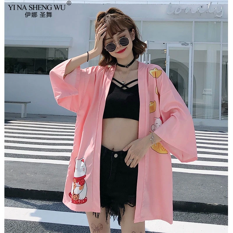 

Pink Lucky Cat Kimono Streetwear Cardigan Harajuku Robe Japanese Style Clothes Summer Men Women Black Japanese Jacket Top Cute