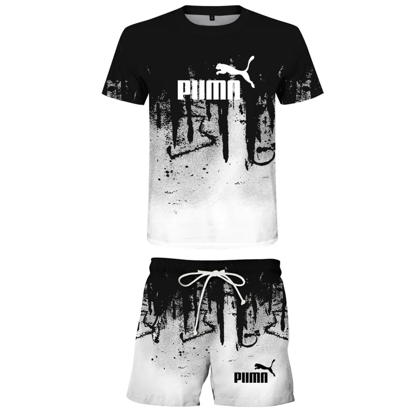 

2021 new 3D ink splashing digital printing summer thin men's and women's fashion suit two piece T-shirt + shorts male sportswear