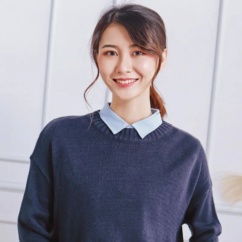 

Women Men Classic Solid Blue Color False Fake Collar Button Down Adjustable Pointed Lapel Detachable Half-Shirt Blouse