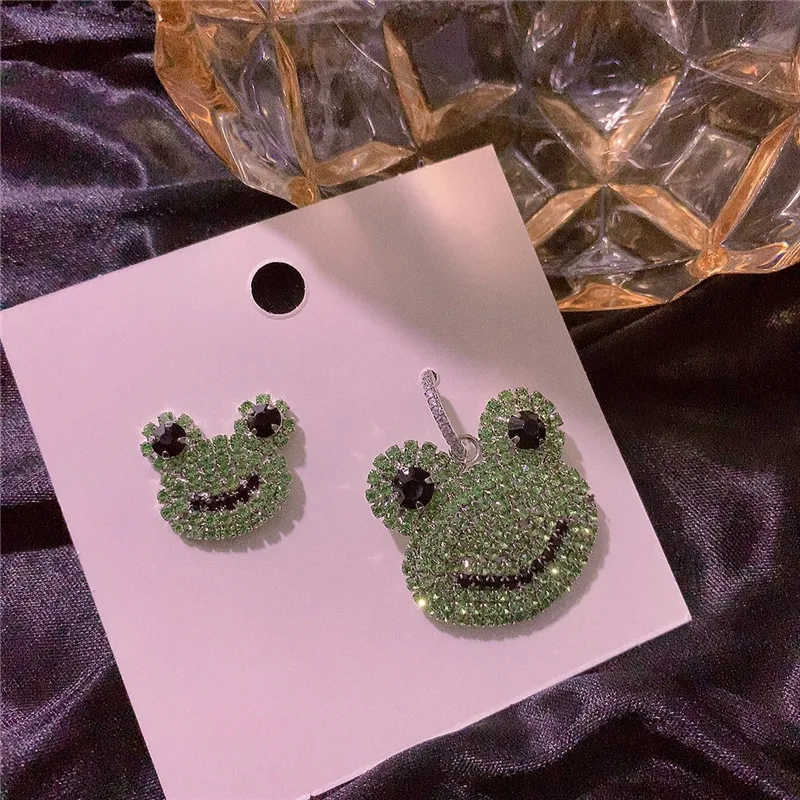 

Asymmetry Frog Rhinestone Earrings Bling Crystal Frog Stud Earrings for Women Unique Animal Jewelry Green Tree Frog Earrings J2T