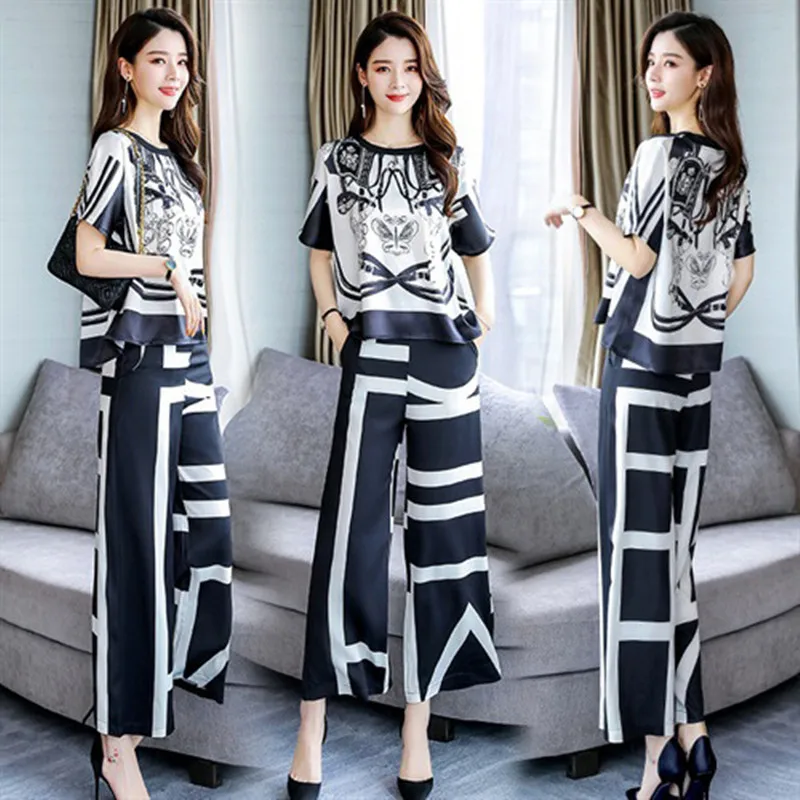 

Wide Leg Pants Suits Women 2021 Vintage Boho Print Summer Short Sleeve Loose Shirt Top Trousers Office Lady 2 Piece Set Clothes
