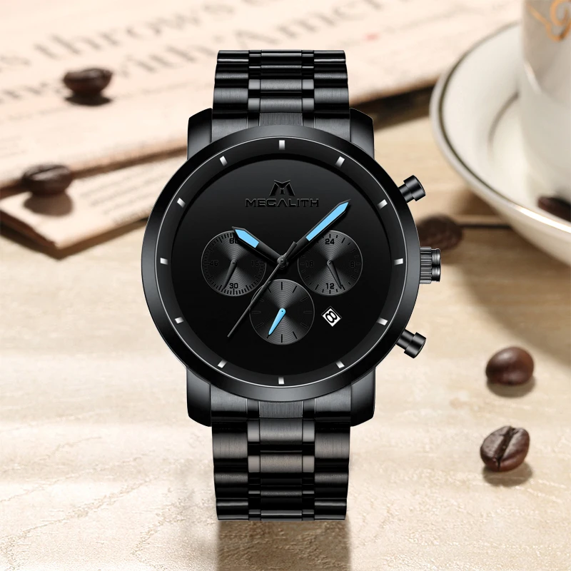 Часы MEGALITH Мужские кварцевые со стальным браслетом люксовые модные повседневные