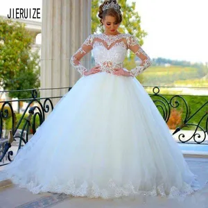 Женское свадебное платье JIERUIZE, кружевное бальное платье с длинными рукавами и круглым вырезом, свадебное платье с аппликацией