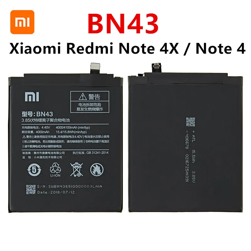 100% Оригинальный аккумулятор BN43 4000 мАч для Xiaomi Redmi Note 4X / 4 global Snapdragon 625
