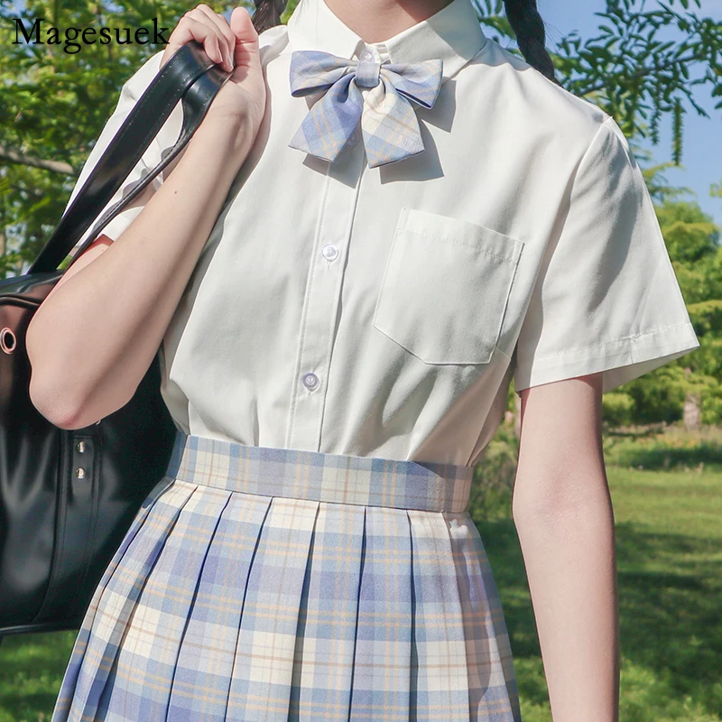 

Women Summer Blouses Shirt Short Sleeve Solid White Blouse Tops With Tie Bow 2021 Korean Style Female Shirts Lapel