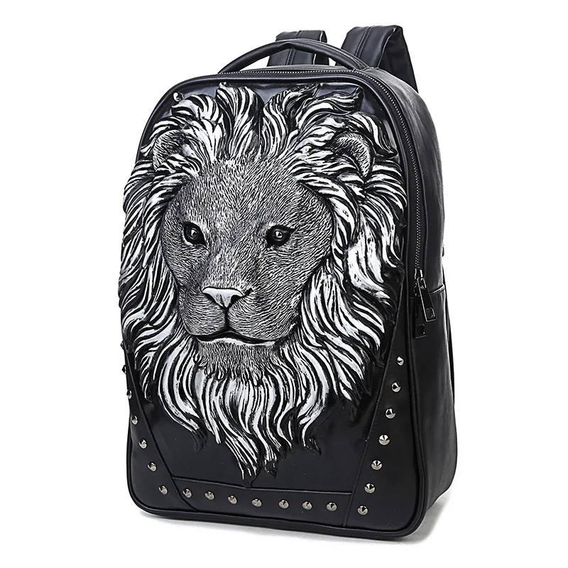 Fashion Men Women 3D Lionhead Leather Laptop Backpacks Thick Leather School Bags For Unisex Travel Rucksack Sac Mochila Feminina