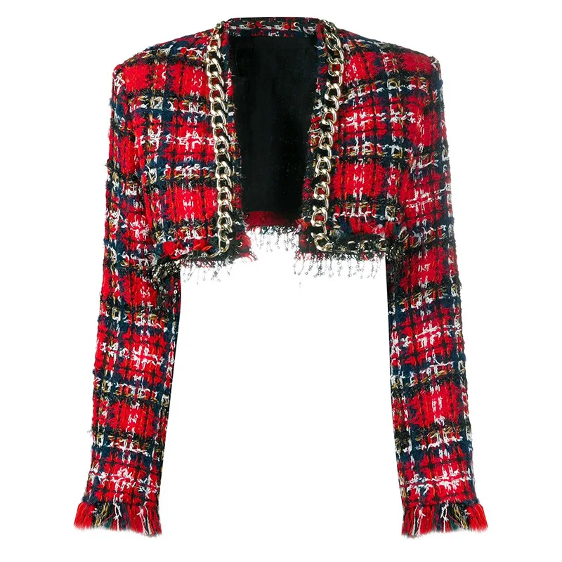 

New Metal Chain Tassel Sequin Fringed Plaid Tweed Ultra Short Jacket for Autumn and Winter