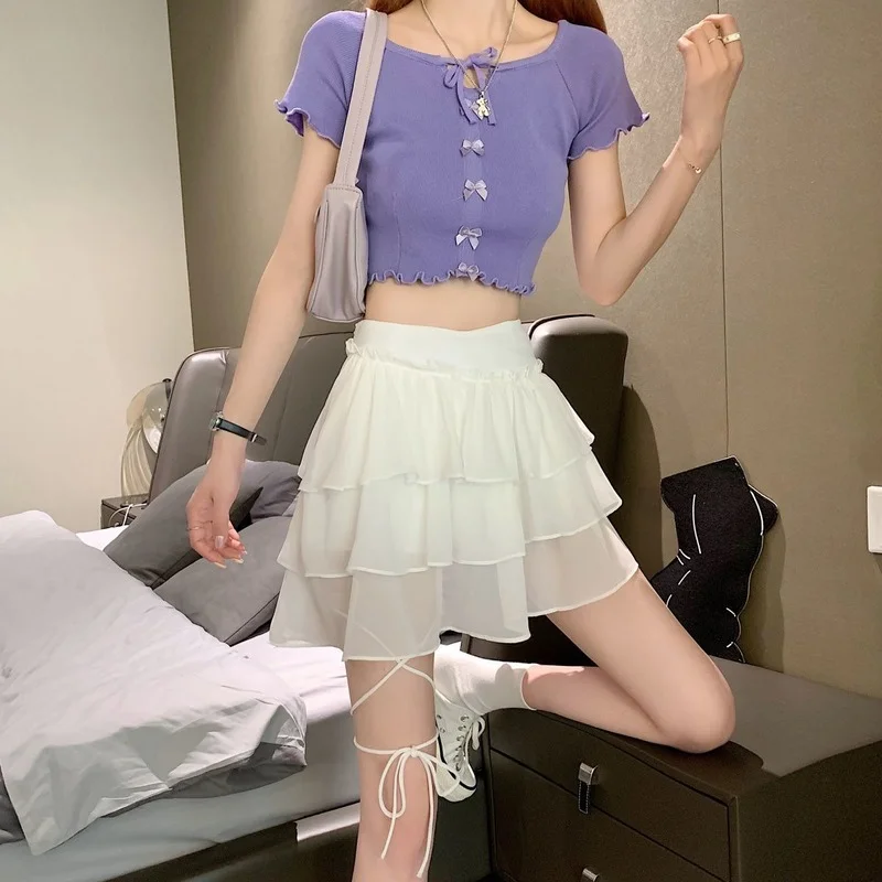

High Waist Cake Mini Skirt Summer Elegant Bandage A-line Streetwear Women 2021 Harajuku Black Short Skirts Soft Girl