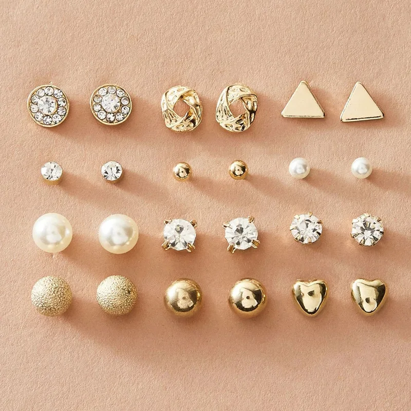 

Alloy Earring Set Combination 12 Pairs of Creative Retro Simple Zircon Peach Heart Triangle Rhinestone Earrings