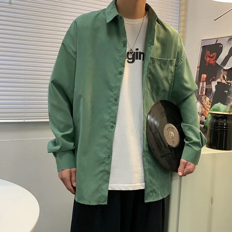 

Autumn Long-sleeved Shirt Men's Fashion Business Society Mens Dress Shirt Korean Loose Black/Green/White Casual Shirt Men S-2XL