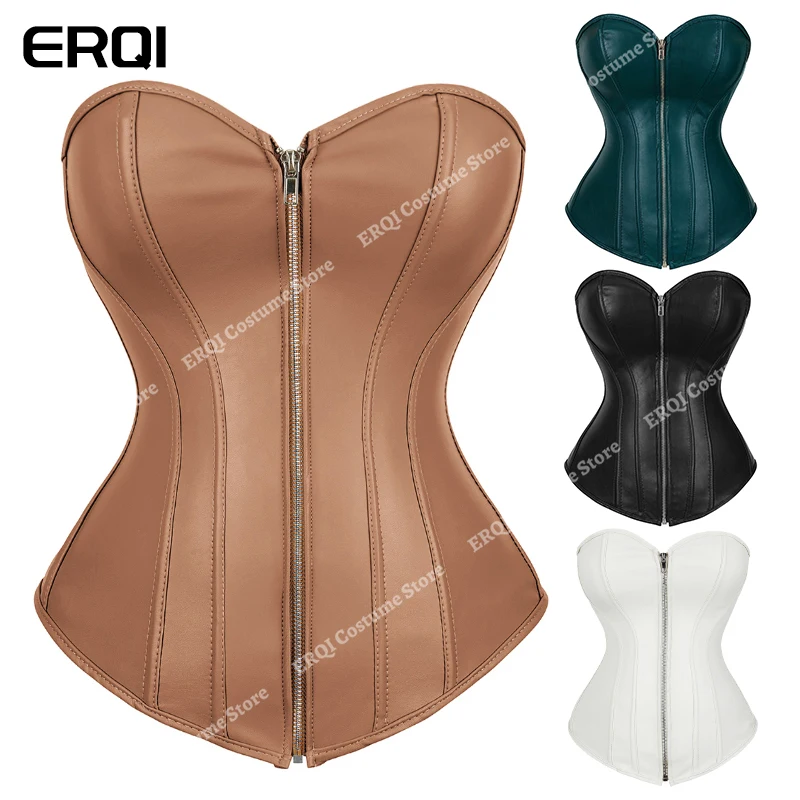 Brown Leather Corset Top for Women Red Sexy Lingerie Plus Size Black Corset Goth White Bustier Lace up Green Corsets Zip Up
