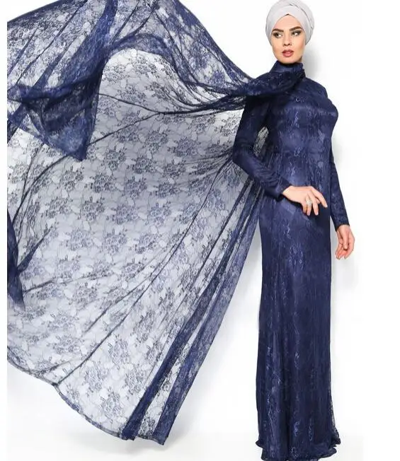 

2020 New Noble Lace Long Cloak Evening Dress Gown Champagne Navy Blue Muslim Dress Abaya Long Sleeve Muslim Evening Gowns