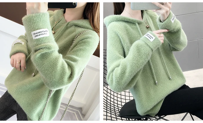 Surmiitro Mink Cashmere Knitted Hoodies Women Autumn Winter Korean Kpop Long Sleeve Hooded Sweatshirt Female Pullover Blue