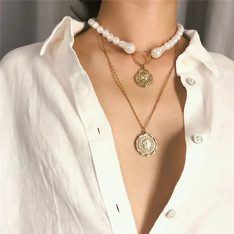 

AE-CANFLY Punk Multi Layered Simulated Pearl Choker Necklace Collar Statement Carved Coin Pendant Necklace Women Girls Jewelry