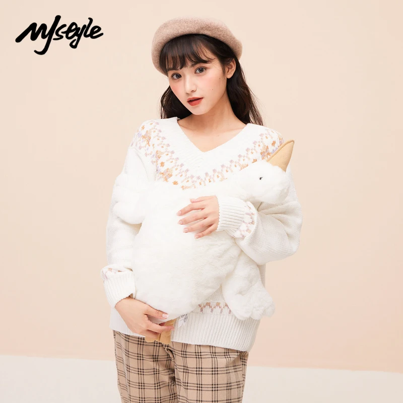 

MJstyle 2021 зимняя Рождественская одежда женский винтажный тонкий белый свитер с V-образным вырезом Корейская уличная мода 821190075