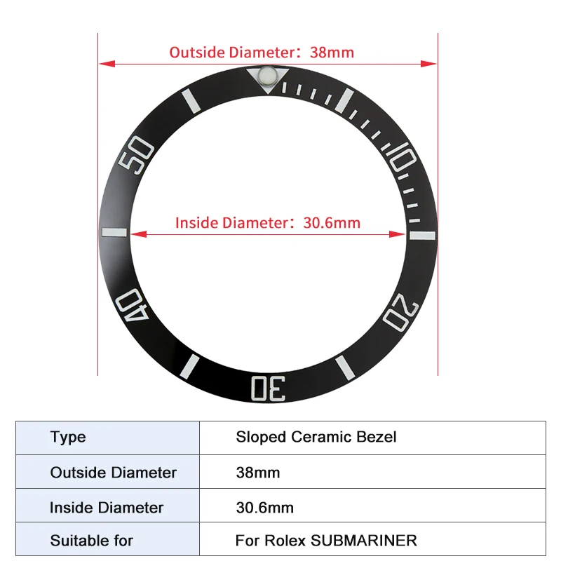 

Sloped ceramic bezel insert 38*30.6mm Sub style Luminous pip at 12 For Rlx SUBMARINER MOD watch parts