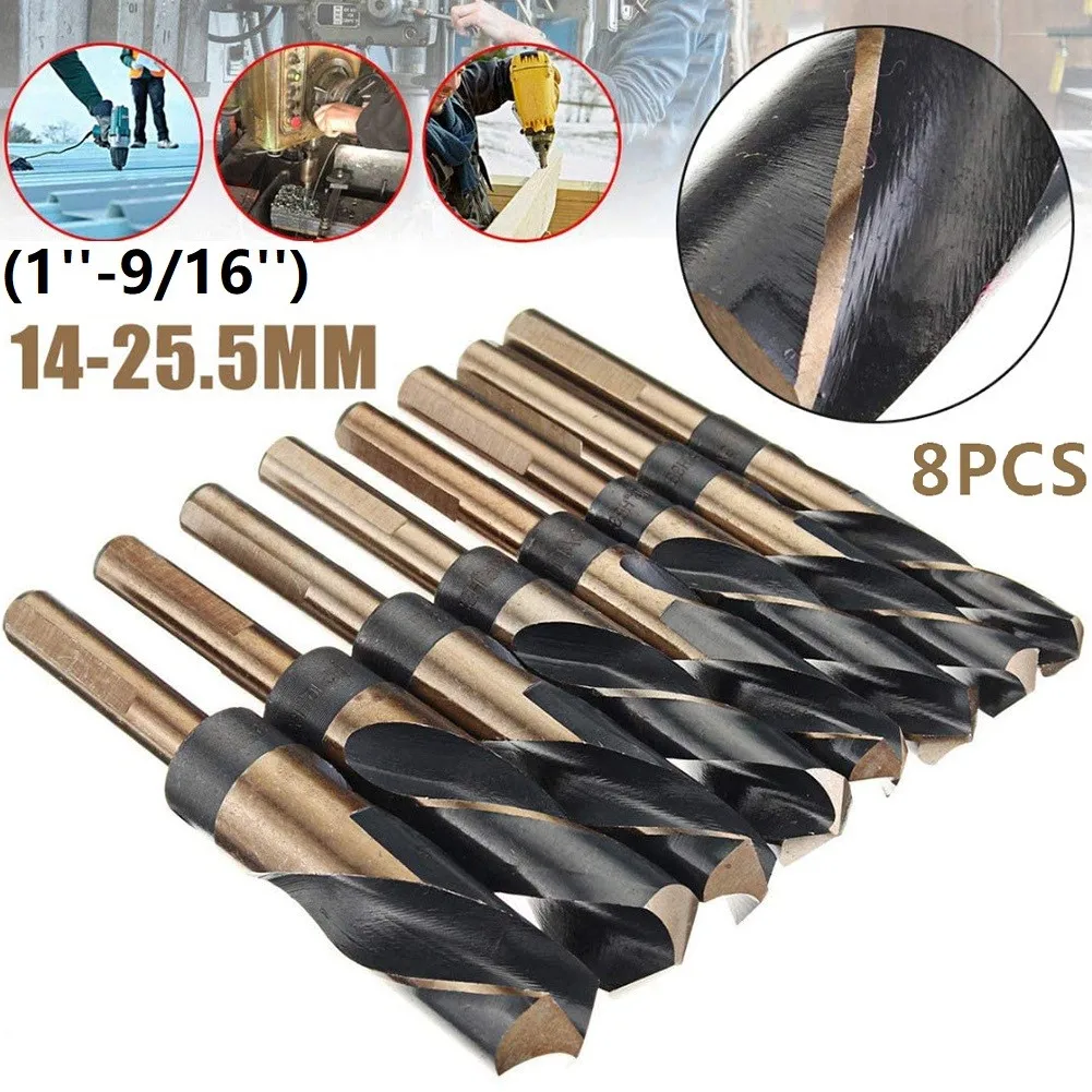 

8pcs Lathe Reduced 1/2inch Shank HSS Twist Drill Bits Imperial 14/15/16/16.5/19/20.5/22/25.5mm Drill Bit For Drilling Wood Metal