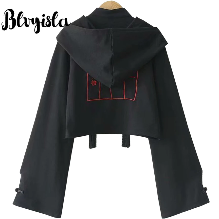 Blvyisla черные топы с капюшоном пикантные винтажные студенческие парные Панк Рубашки Готический китайский стиль Короткие harajuku Топ