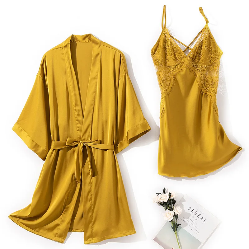 

Women Sexy 2PCS Robe Set Satin Nightwear Spring Autumn New Sleepwear Kimono Gown Lace Bridal Wedding Gift Intimate Lingerie