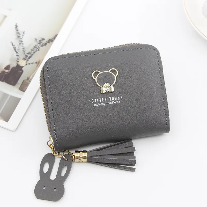 gray Женский кошелек милый медведь на молнии Мини кошельки Короткие цепи с кисточками женские кошельки и визитницы животный узор Студенческая Монета Сумка - Color: gray