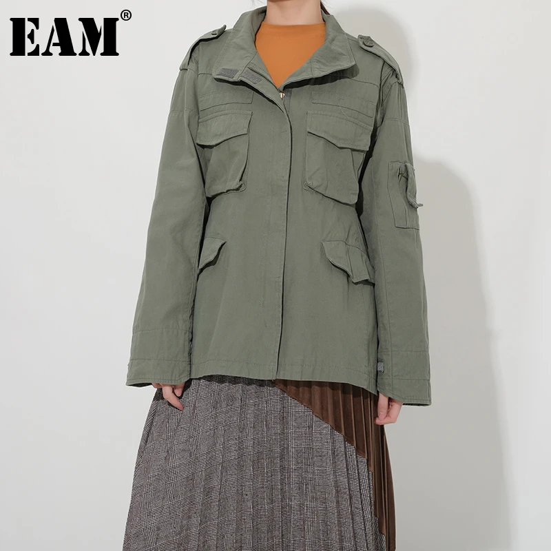 

[EAM] Loose Fit Green Cut Out Two Ways Wear Big Size Jacket New Lapel Long Sleeve Women Coat Fashion Spring Autumn 2022 1DA9020