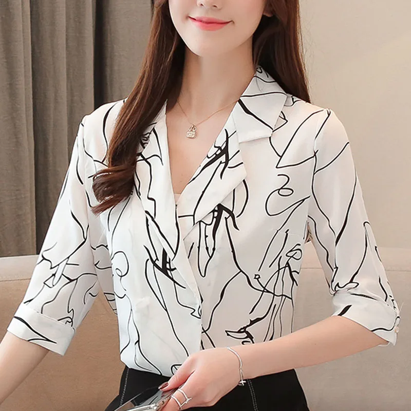 Blusas femininas рубашки 2019 Женские топы с принтом Блузки женские белые черные шифоновые