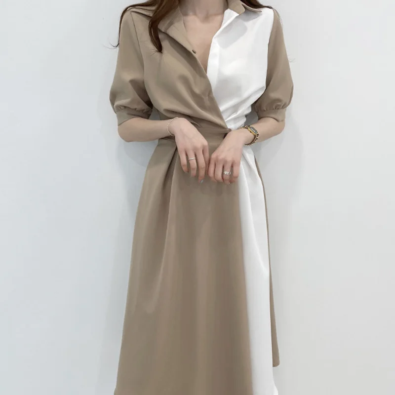

2021 New Arrivals Spring And Autumn Patchwork Short Sleeve Polo Neck Mid-calf Dress For Women Fashion Casual X628