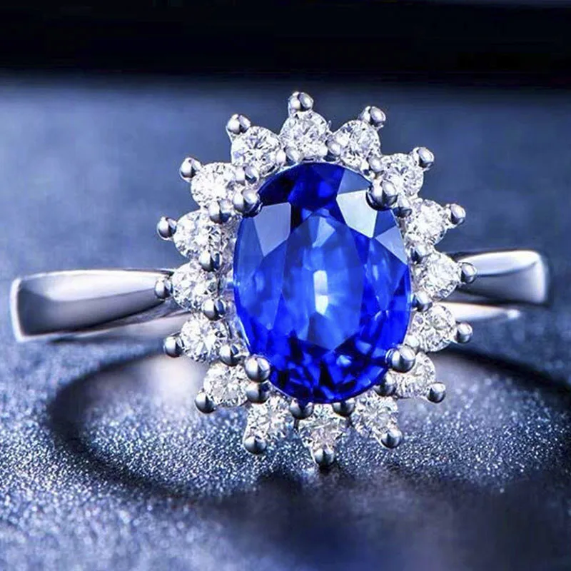 

Exquisite Princess Cut Blue Flower Crystal Ring Silver Color Wedding Engagement Finger Rhinestone Ring for Women Luxury Jewelry